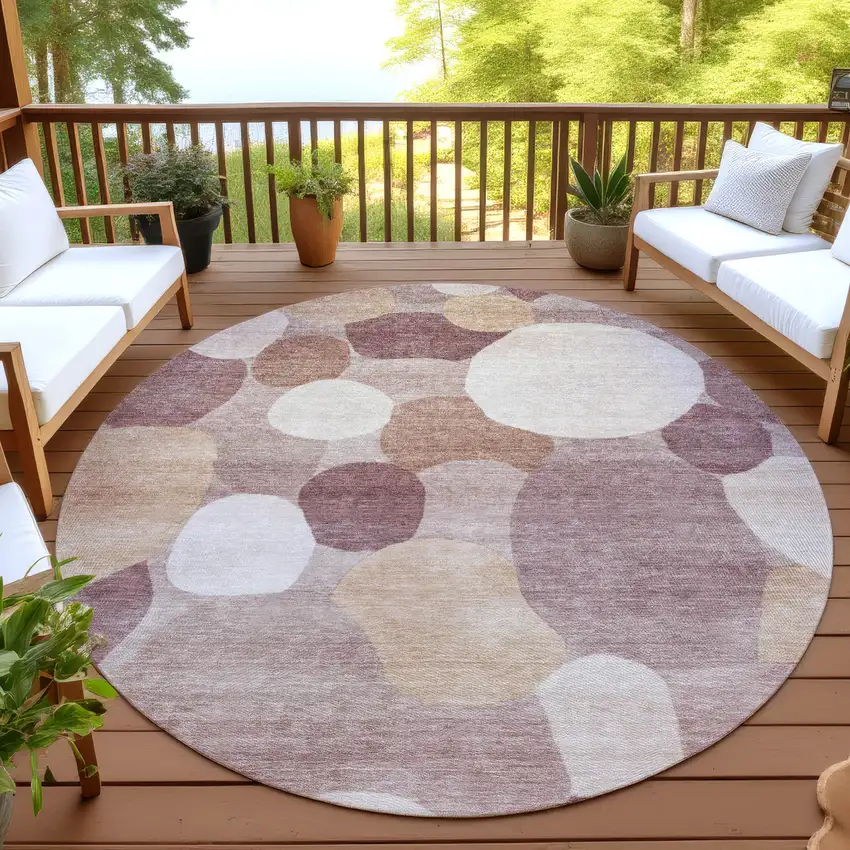 8' Blush And Beige Round Geometric Washable Indoor Outdoor Area Rug Photo 4