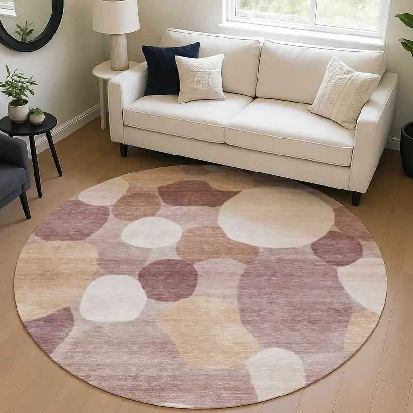 8' Blush And Beige Round Geometric Washable Indoor Outdoor Area Rug Photo 5