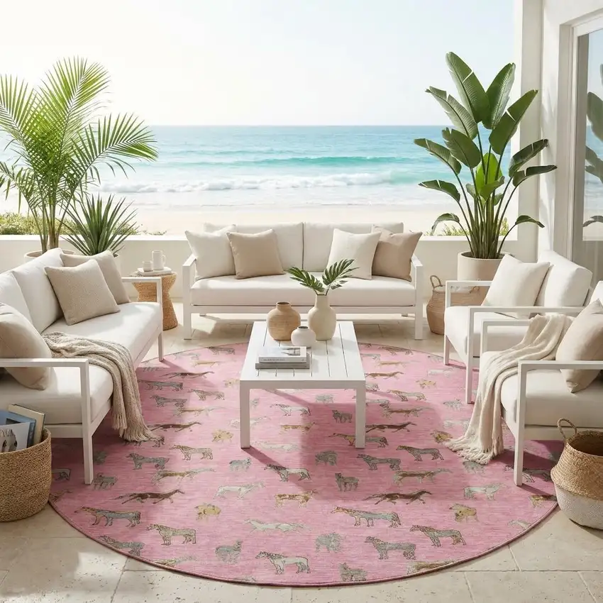 8' Blush And Beige Round Horse Washable Indoor Outdoor Area Rug Photo 1