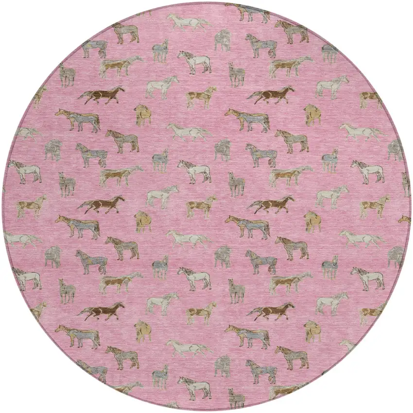 8' Blush And Beige Round Horse Washable Indoor Outdoor Area Rug Photo 2