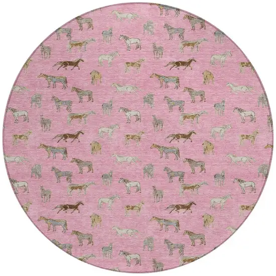 8' Blush And Beige Round Horse Washable Indoor Outdoor Area Rug Photo 4