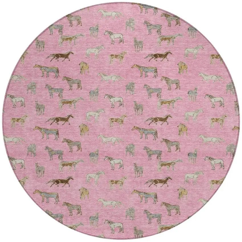 8' Blush And Beige Round Horse Washable Indoor Outdoor Area Rug Photo 4