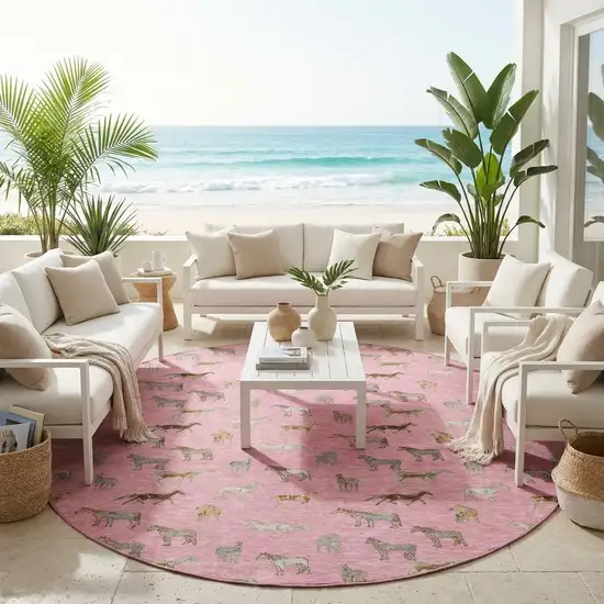 8' Blush And Beige Round Horse Washable Indoor Outdoor Area Rug Photo 1