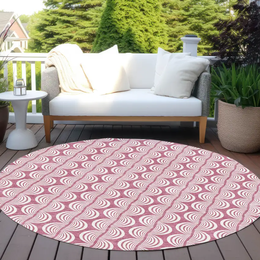 8' Blush And Beige Round Ogee Washable Indoor Outdoor Area Rug Photo 7