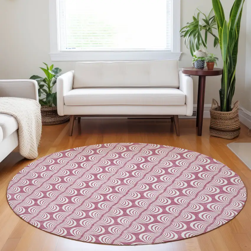 8' Blush And Beige Round Ogee Washable Indoor Outdoor Area Rug Photo 8