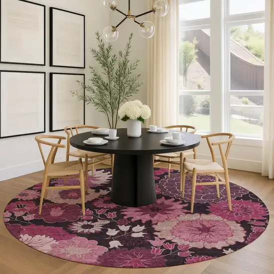 8' Blush And Black Round Floral Washable Indoor Outdoor Area Rug Photo 9