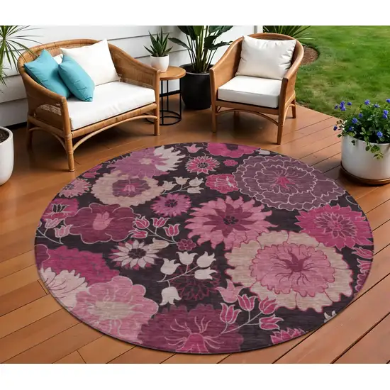 8' Blush And Black Round Floral Washable Indoor Outdoor Area Rug Photo 1