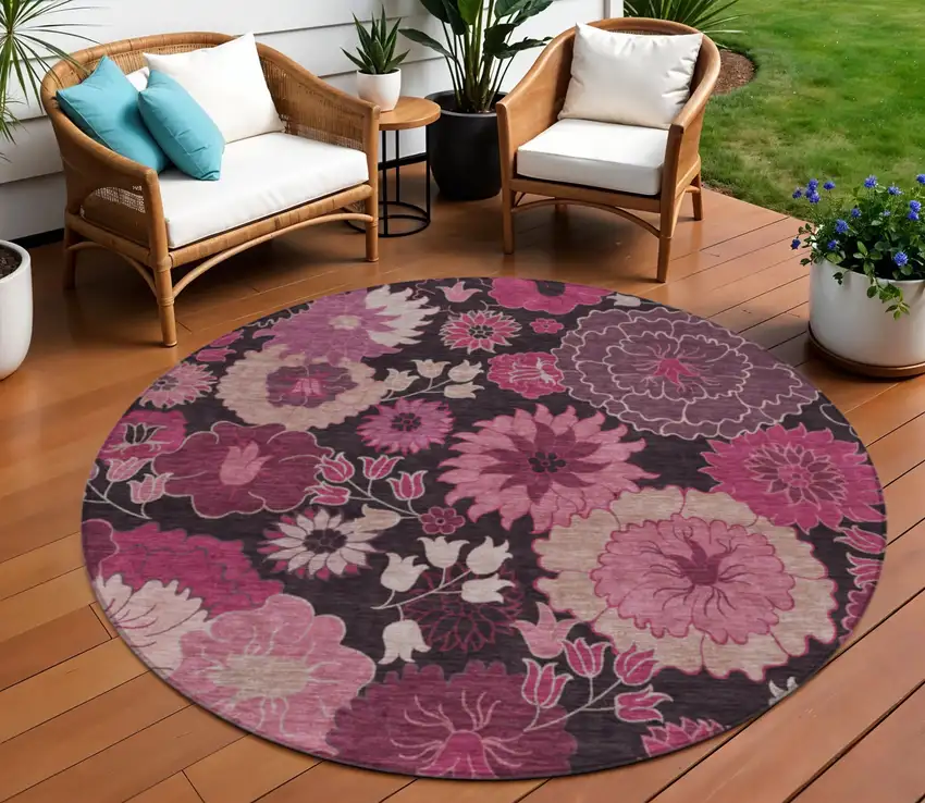 8' Blush And Black Round Floral Washable Indoor Outdoor Area Rug Photo 1