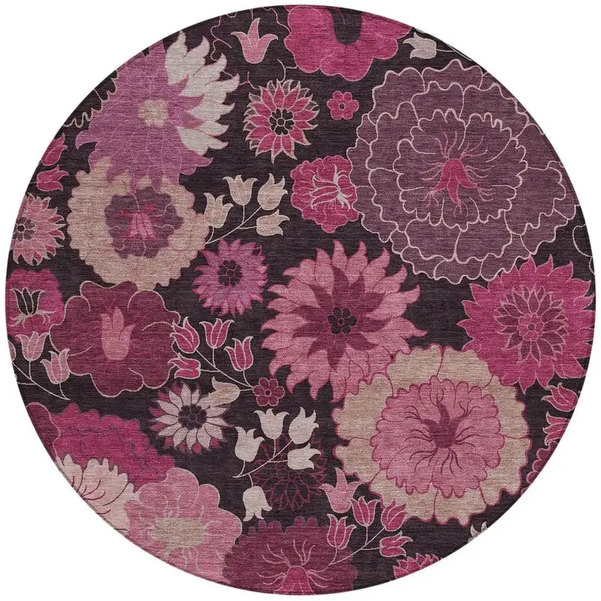 8' Blush And Black Round Floral Washable Indoor Outdoor Area Rug Photo 4