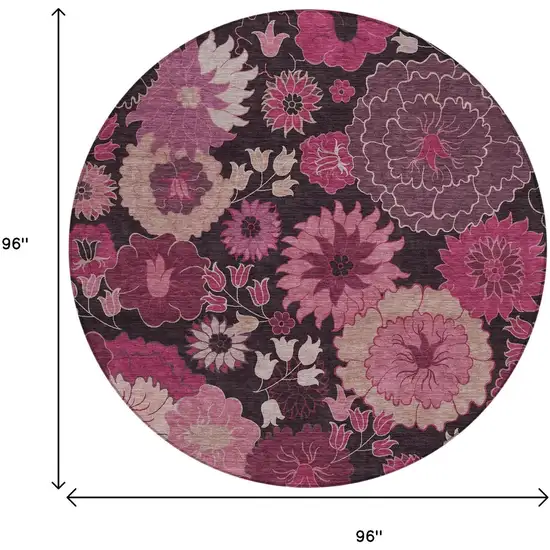 8' Blush And Black Round Floral Washable Indoor Outdoor Area Rug Photo 3