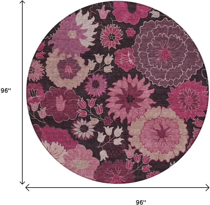 8' Blush And Black Round Floral Washable Indoor Outdoor Area Rug Photo 3