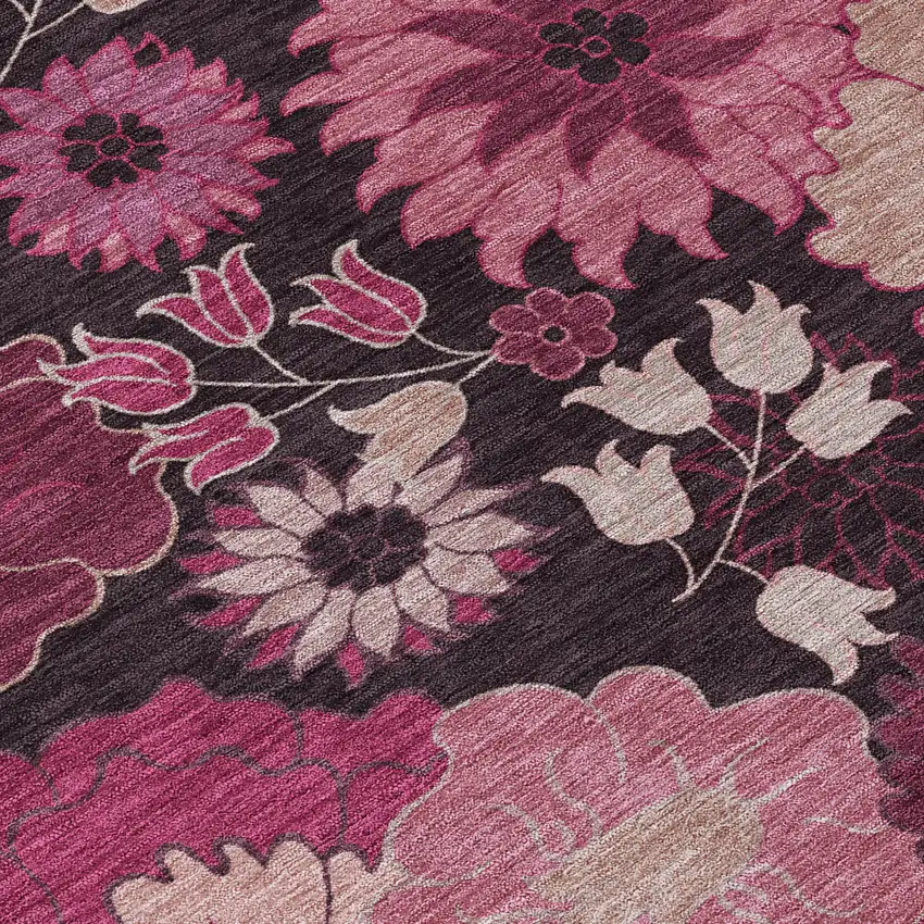 8' Blush And Black Round Floral Washable Indoor Outdoor Area Rug Photo 7