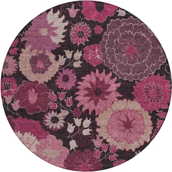 8' Blush And Black Round Floral Washable Indoor Outdoor Area Rug Photo 2