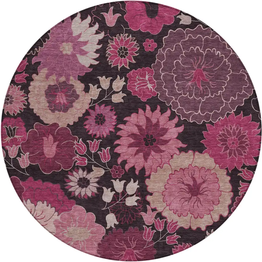 8' Blush And Black Round Floral Washable Indoor Outdoor Area Rug Photo 2