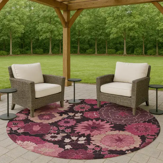 8' Blush And Black Round Floral Washable Indoor Outdoor Area Rug Photo 8