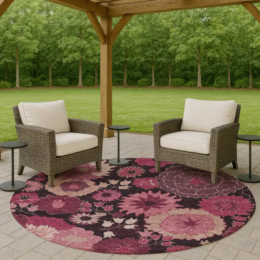 8' Blush And Black Round Floral Washable Indoor Outdoor Area Rug Photo 8