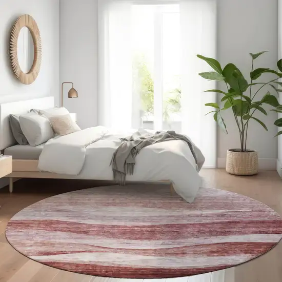 8' Blush And Brown Round Abstract Washable Indoor Outdoor Area Rug Photo 8
