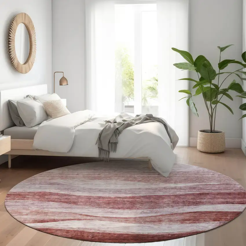 8' Blush And Brown Round Abstract Washable Indoor Outdoor Area Rug Photo 8