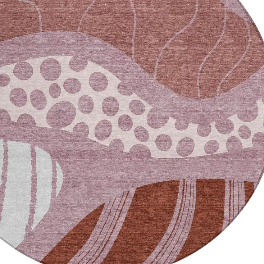 8' Blush And Brown Round Abstract Washable Indoor Outdoor Area Rug Photo 4