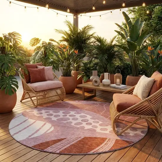 8' Blush And Brown Round Abstract Washable Indoor Outdoor Area Rug Photo 1