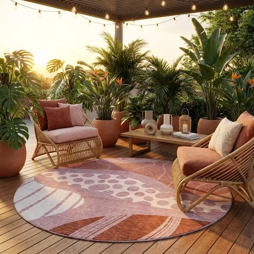 8' Blush And Brown Round Abstract Washable Indoor Outdoor Area Rug Photo 1