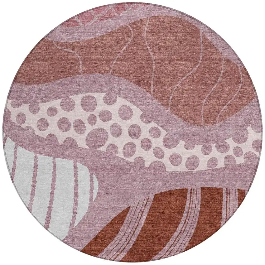 8' Blush And Brown Round Abstract Washable Indoor Outdoor Area Rug Photo 3