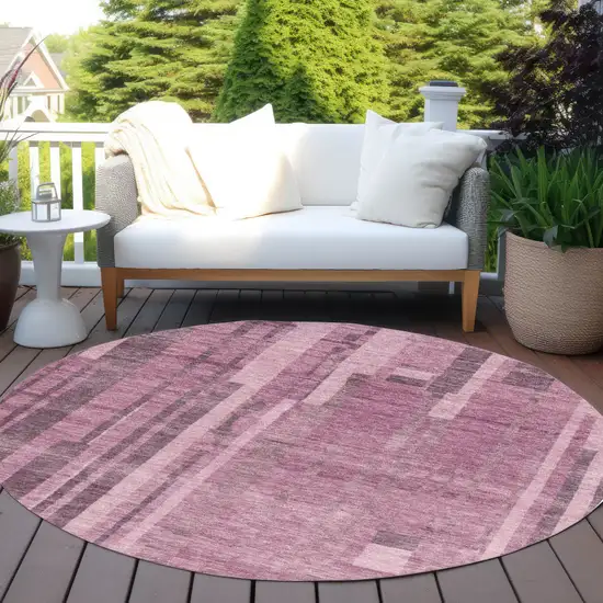 8' Blush And Brown Round Striped Washable Indoor Outdoor Area Rug Photo 6