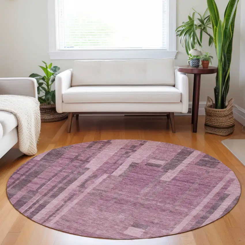 8' Blush And Brown Round Striped Washable Indoor Outdoor Area Rug Photo 7