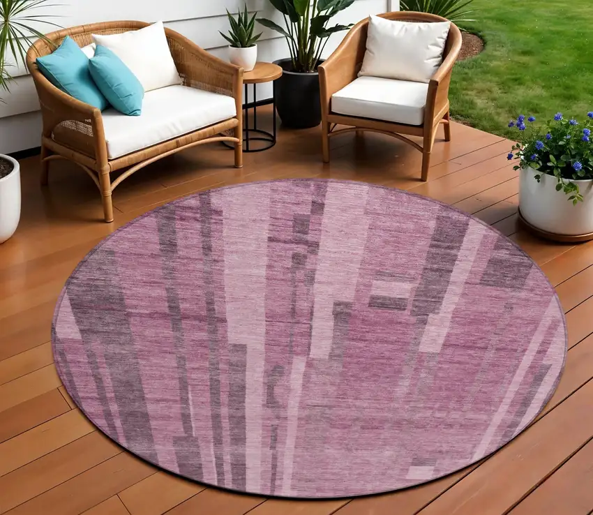 8' Blush And Brown Round Striped Washable Indoor Outdoor Area Rug Photo 1