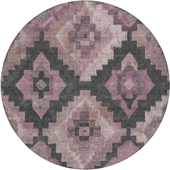 8' Blush And Charcoal Round Aztec Washable Indoor Outdoor Area Rug Photo 1