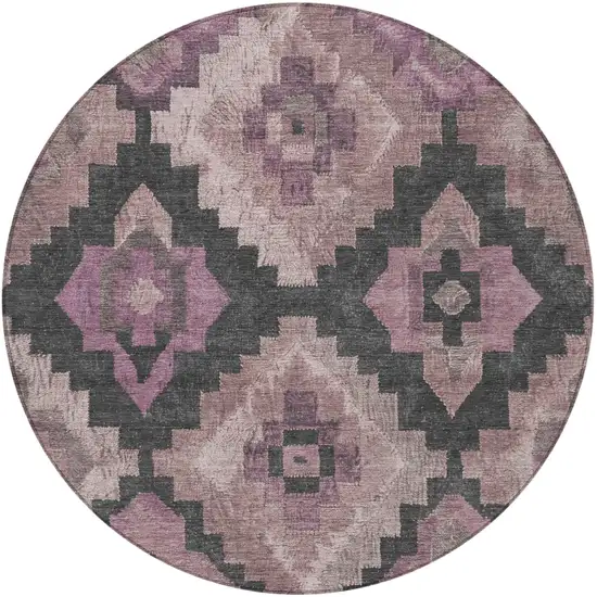 8' Blush And Charcoal Round Aztec Washable Indoor Outdoor Area Rug Photo 4