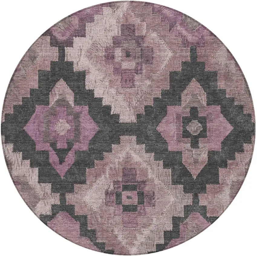 8' Blush And Charcoal Round Aztec Washable Indoor Outdoor Area Rug Photo 4