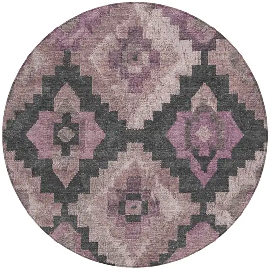 8' Blush And Charcoal Round Aztec Washable Indoor Outdoor Area Rug Photo 3