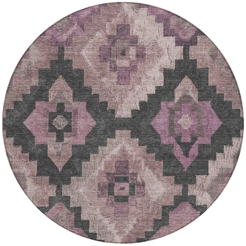 8' Blush And Charcoal Round Aztec Washable Indoor Outdoor Area Rug Photo 3