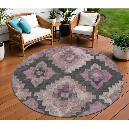8' Blush And Charcoal Round Aztec Washable Indoor Outdoor Area Rug Photo 2