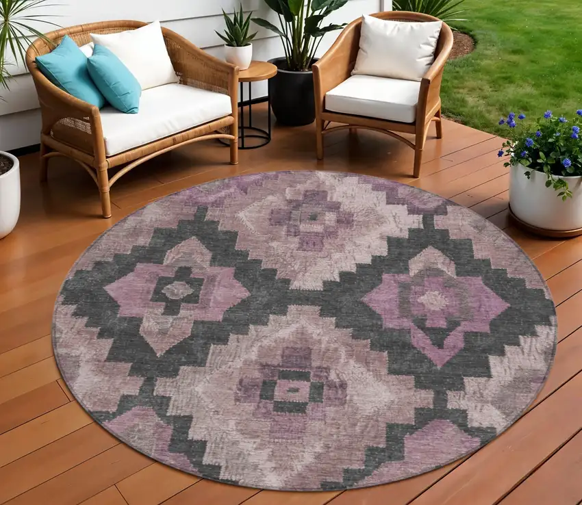 8' Blush And Charcoal Round Aztec Washable Indoor Outdoor Area Rug Photo 2