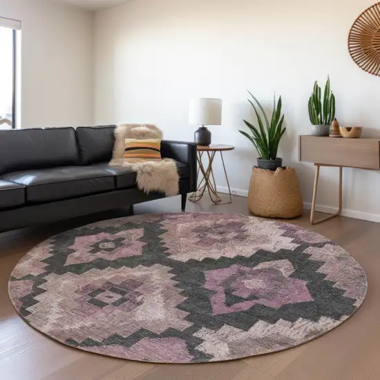 8' Blush And Charcoal Round Aztec Washable Indoor Outdoor Area Rug Photo 6