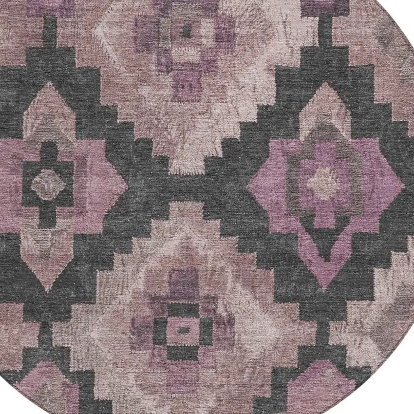 8' Blush And Charcoal Round Aztec Washable Indoor Outdoor Area Rug Photo 8