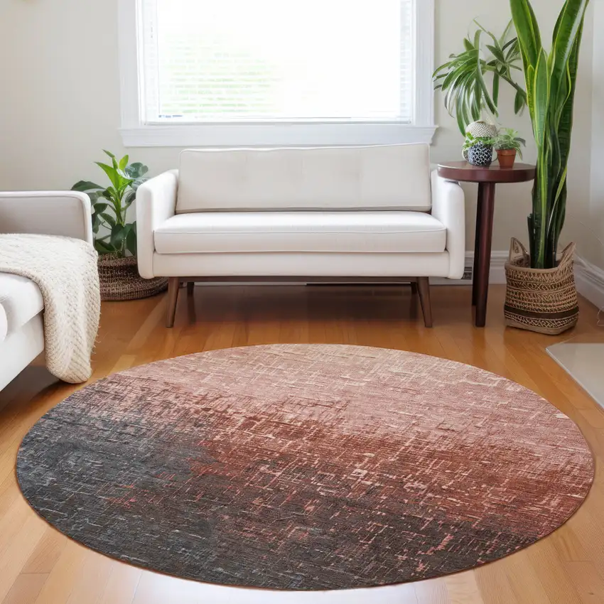 8' Blush And Dark Gray Round Ombre Washable Indoor Outdoor Area Rug Photo 8