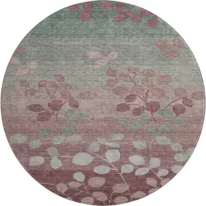 Photo of 8' Blush And Emerald Floral Washable Round Rug With UV Protection