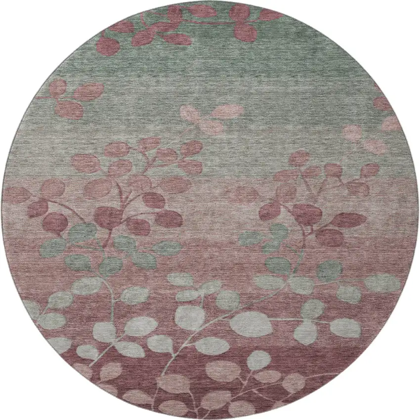 8' Blush And Emerald Floral Washable Round Rug With UV Protection Photo 3