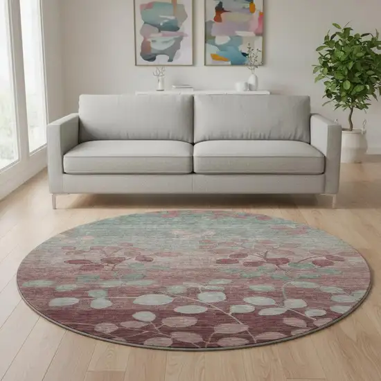 8' Blush And Emerald Floral Washable Round Rug With UV Protection Photo 2