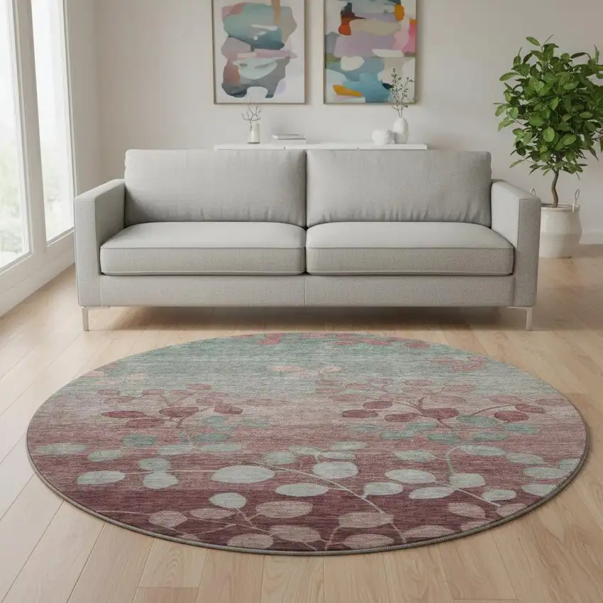 8' Blush And Emerald Floral Washable Round Rug With UV Protection Photo 2