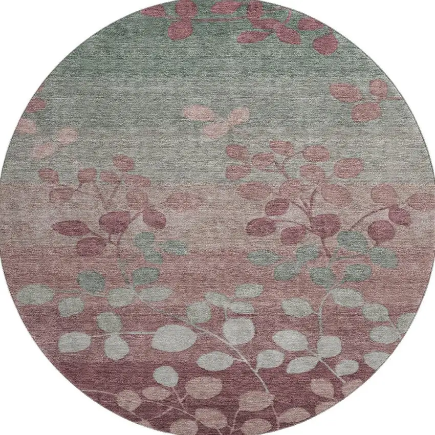 8' Blush And Emerald Floral Washable Round Rug With UV Protection Photo 2