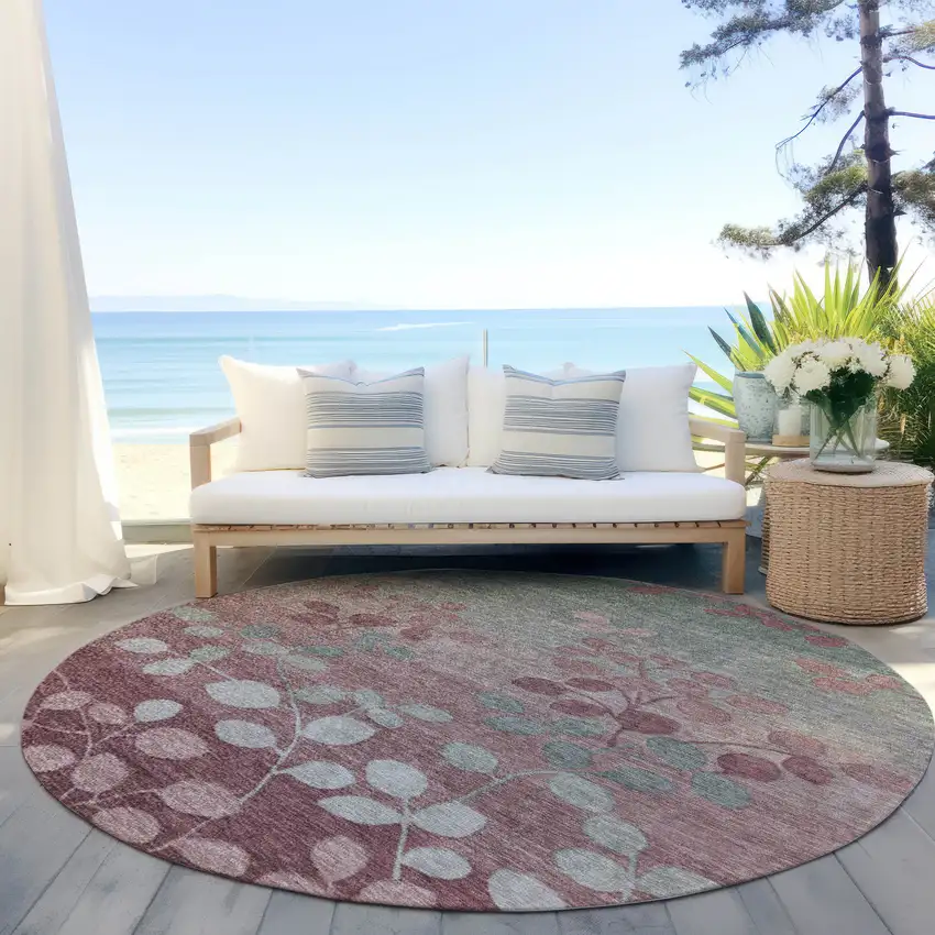 8' Blush And Emerald Round Floral Washable Indoor Outdoor Area Rug Photo 5