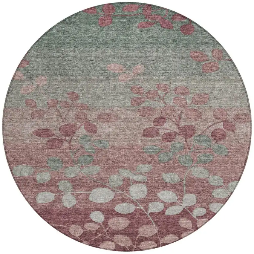 8' Blush And Emerald Round Floral Washable Indoor Outdoor Area Rug Photo 4