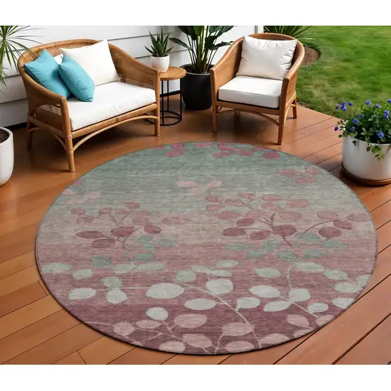 8' Blush And Emerald Round Floral Washable Indoor Outdoor Area Rug Photo 2