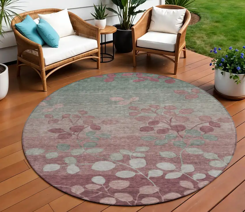 8' Blush And Emerald Round Floral Washable Indoor Outdoor Area Rug Photo 2