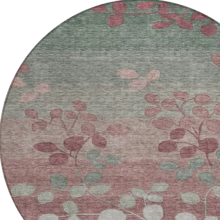 8' Blush And Emerald Round Floral Washable Indoor Outdoor Area Rug Photo 7