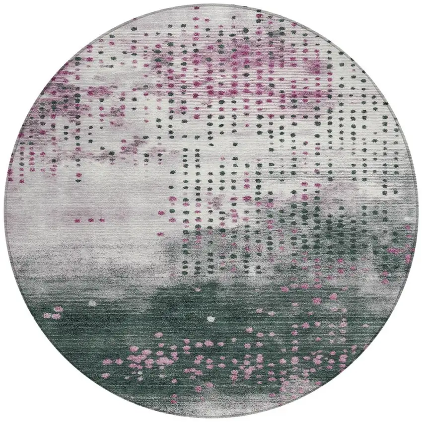 8' Blush And Emerald Round Geometric Washable Indoor Outdoor Area Rug Photo 3